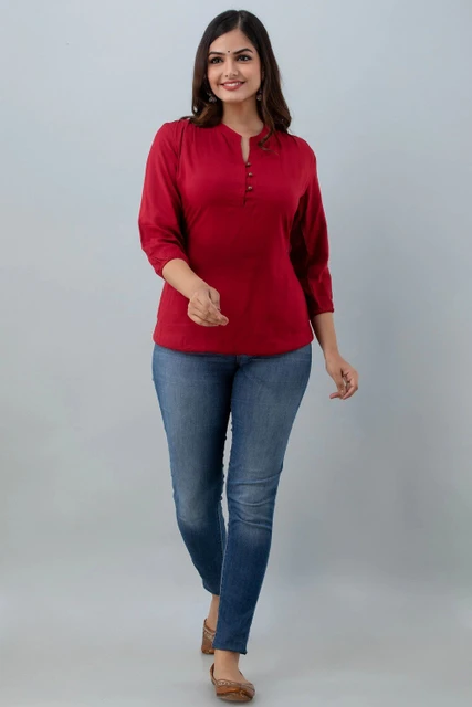 Women’s Ribbed Top (Red) - Zip Neck - Product Image