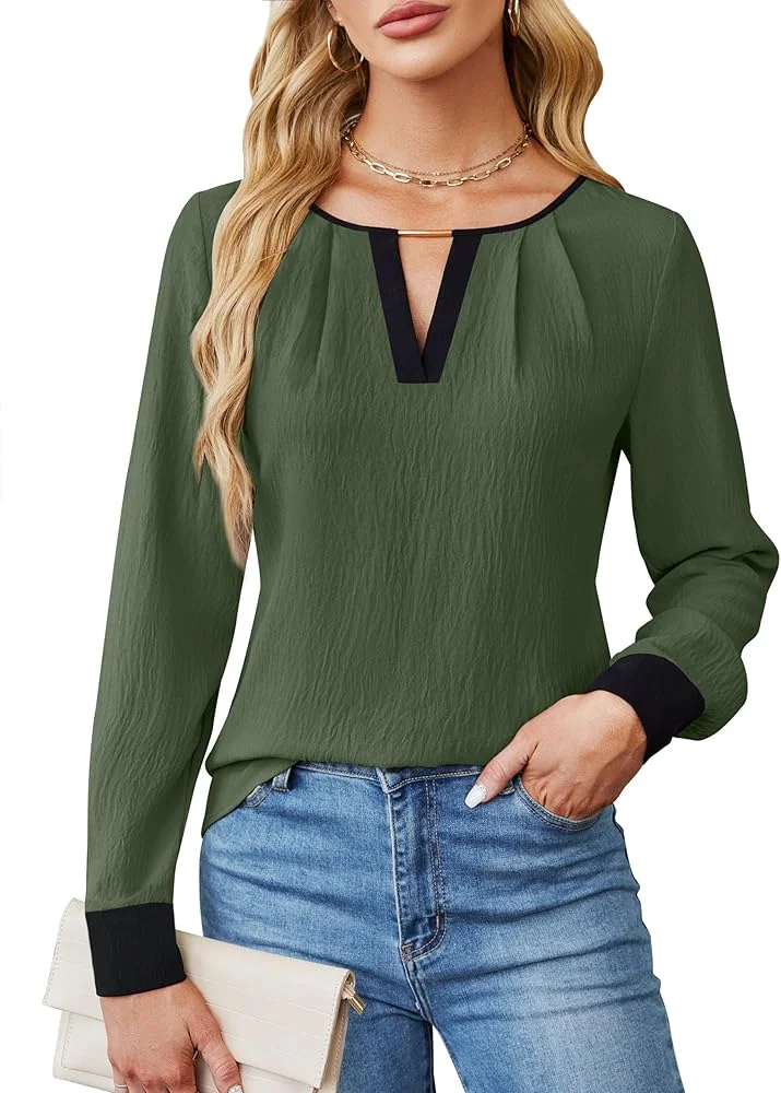 Women’s V‑Neck Blouse (Olive Green) - Contrast Trim - Product Image