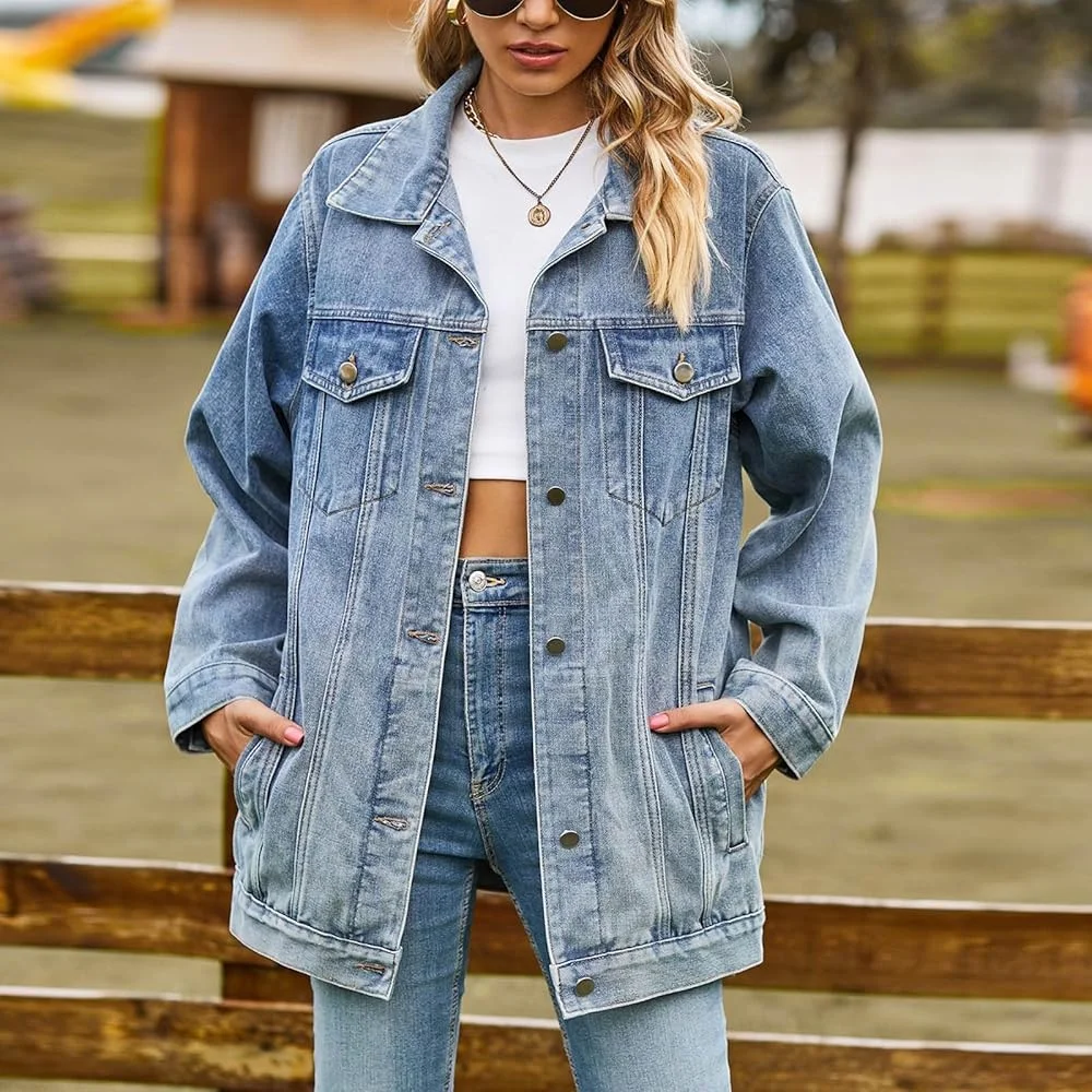 Women’s Oversized Denim Jacket (Blue) - Longline - Product Image