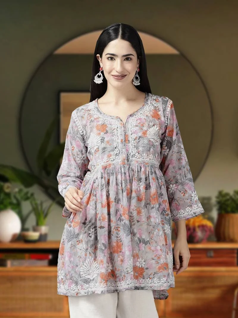 Women’s Floral Printed Kurti (White) - 3/4 Sleeve - Product Image