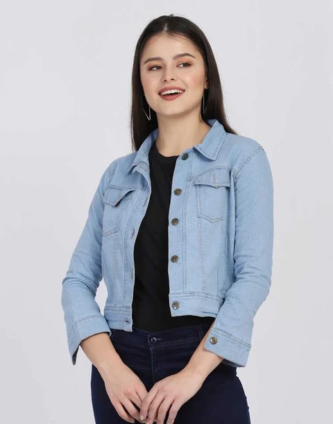 Women’s Cropped Denim Jacket (Light Blue) - Button Front - Product Image